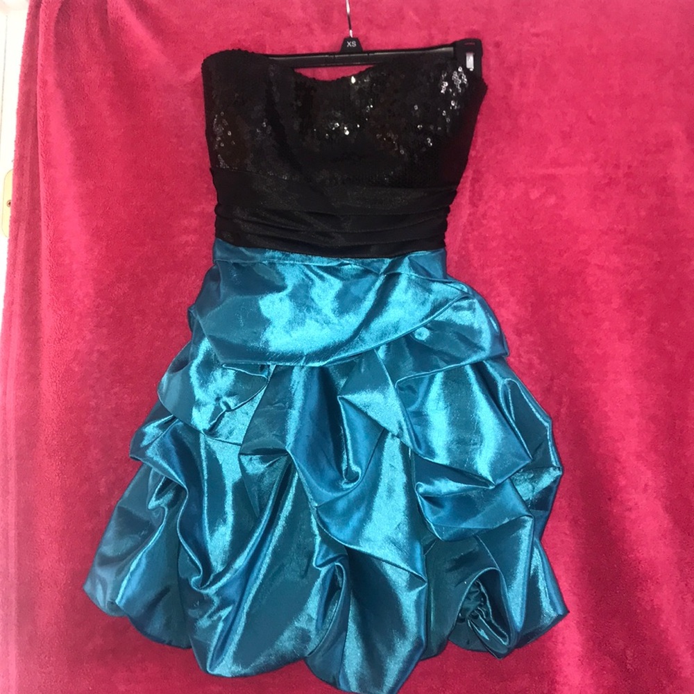Blue Sequined & Ruffled Satin Dress